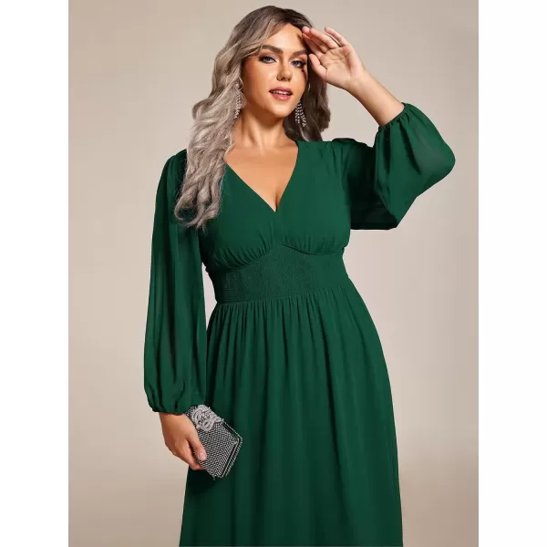 imageEverPretty Womens A Line V Neck Lantern Sleeves Midi Plus Size Formal Fresses for Curvy Women 01929DADeep Green