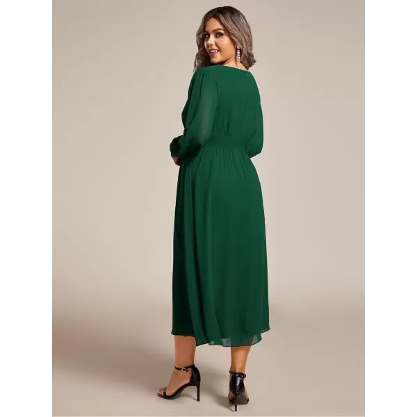 imageEverPretty Womens A Line V Neck Lantern Sleeves Midi Plus Size Formal Fresses for Curvy Women 01929DADeep Green