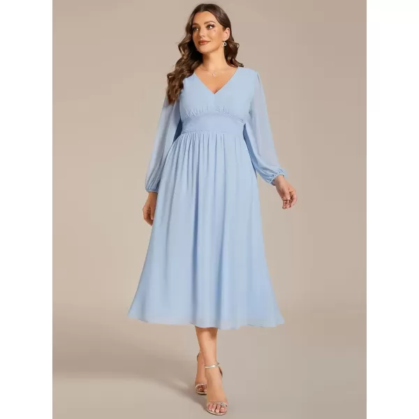 imageEverPretty Womens A Line V Neck Lantern Sleeves Midi Plus Size Formal Fresses for Curvy Women 01929DAIce Blue