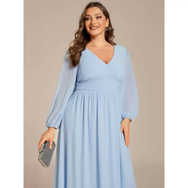 imageEverPretty Womens A Line V Neck Lantern Sleeves Midi Plus Size Formal Fresses for Curvy Women 01929DAIce Blue