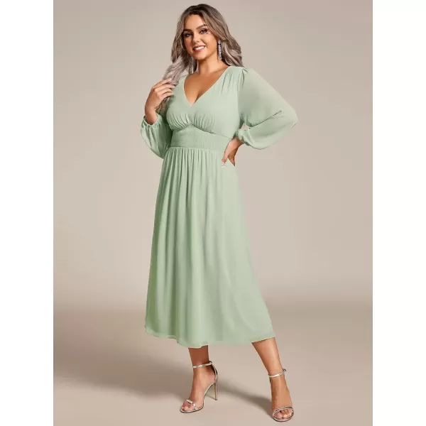 imageEverPretty Womens A Line V Neck Lantern Sleeves Midi Plus Size Formal Fresses for Curvy Women 01929DAMint Green