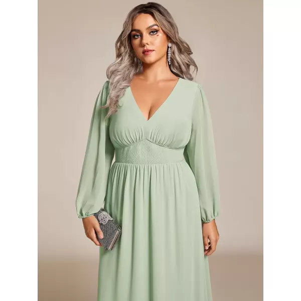 imageEverPretty Womens A Line V Neck Lantern Sleeves Midi Plus Size Formal Fresses for Curvy Women 01929DAMint Green