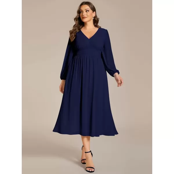 imageEverPretty Womens A Line V Neck Lantern Sleeves Midi Plus Size Formal Fresses for Curvy Women 01929DANavy Blue