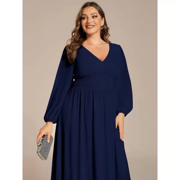 imageEverPretty Womens A Line V Neck Lantern Sleeves Midi Plus Size Formal Fresses for Curvy Women 01929DANavy Blue