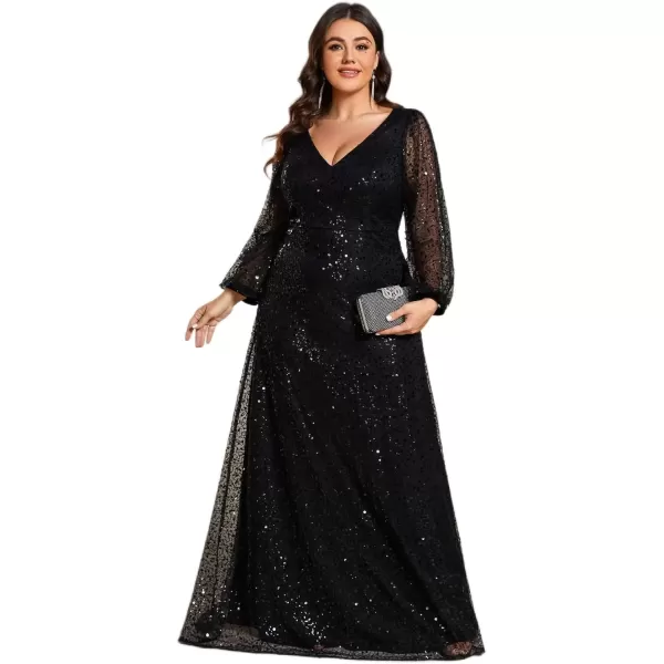 imageEverPretty Womens ALine V Neck Sheer Long Sleeves Tulle Plus Size Sequin Formal Dress 01999DABlack