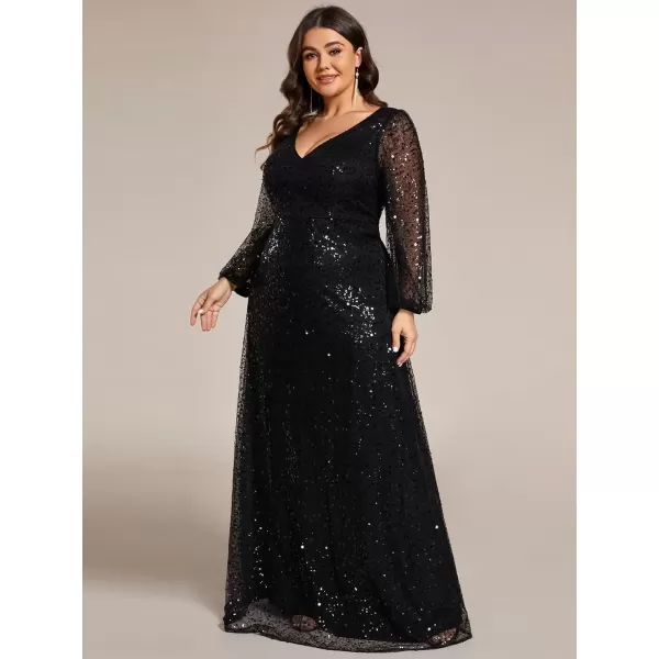 imageEverPretty Womens ALine V Neck Sheer Long Sleeves Tulle Plus Size Sequin Formal Dress 01999DABlack