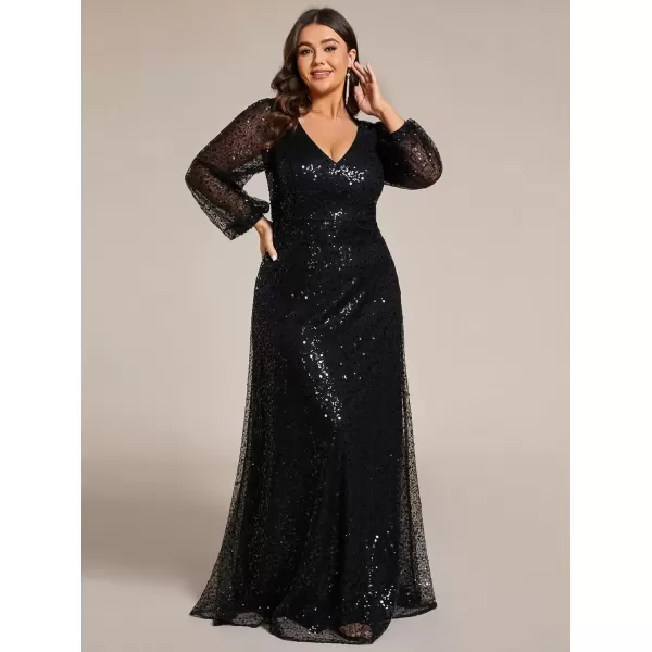 imageEverPretty Womens ALine V Neck Sheer Long Sleeves Tulle Plus Size Sequin Formal Dress 01999DABlack