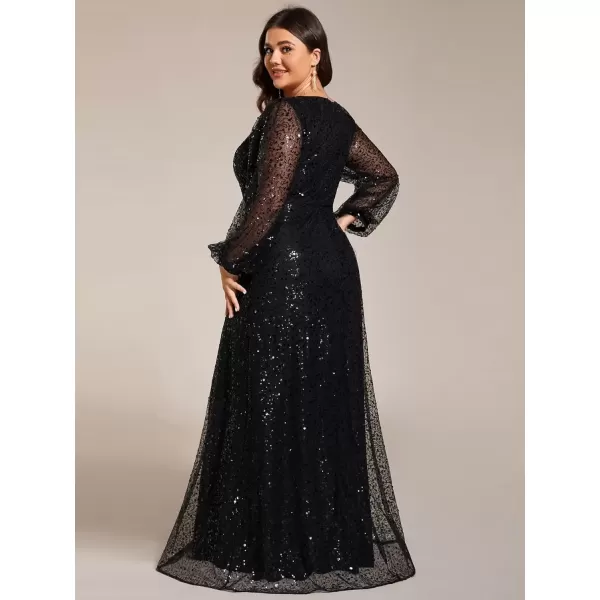 imageEverPretty Womens ALine V Neck Sheer Long Sleeves Tulle Plus Size Sequin Formal Dress 01999DABlack