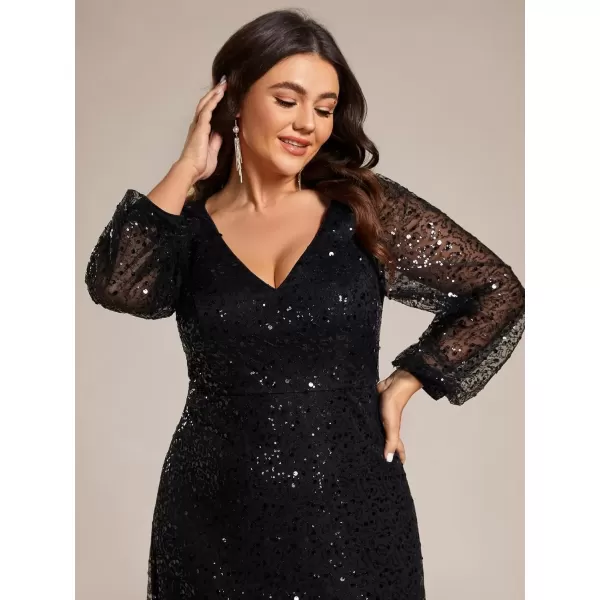 imageEverPretty Womens ALine V Neck Sheer Long Sleeves Tulle Plus Size Sequin Formal Dress 01999DABlack