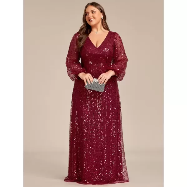 imageEverPretty Womens ALine V Neck Sheer Long Sleeves Tulle Plus Size Sequin Formal Dress 01999DABurgundy