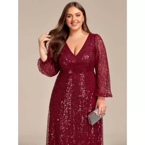 imageEverPretty Womens ALine V Neck Sheer Long Sleeves Tulle Plus Size Sequin Formal Dress 01999DABurgundy