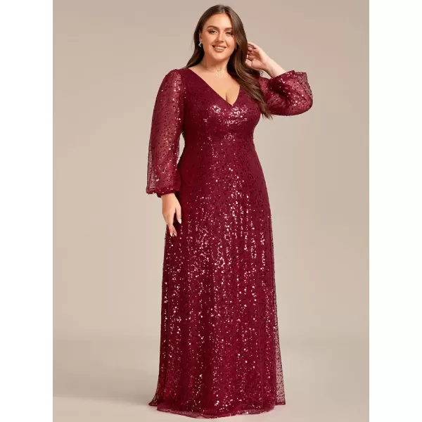 imageEverPretty Womens ALine V Neck Sheer Long Sleeves Tulle Plus Size Sequin Formal Dress 01999DABurgundy