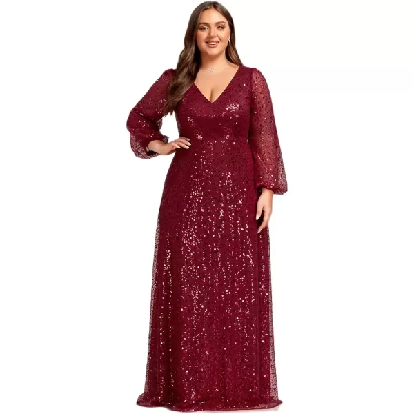 imageEverPretty Womens ALine V Neck Sheer Long Sleeves Tulle Plus Size Sequin Formal Dress 01999DABurgundy