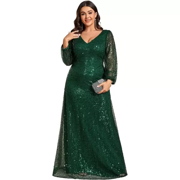 imageEverPretty Womens ALine V Neck Sheer Long Sleeves Tulle Plus Size Sequin Formal Dress 01999DADark Green