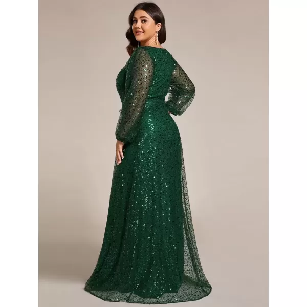 imageEverPretty Womens ALine V Neck Sheer Long Sleeves Tulle Plus Size Sequin Formal Dress 01999DADark Green