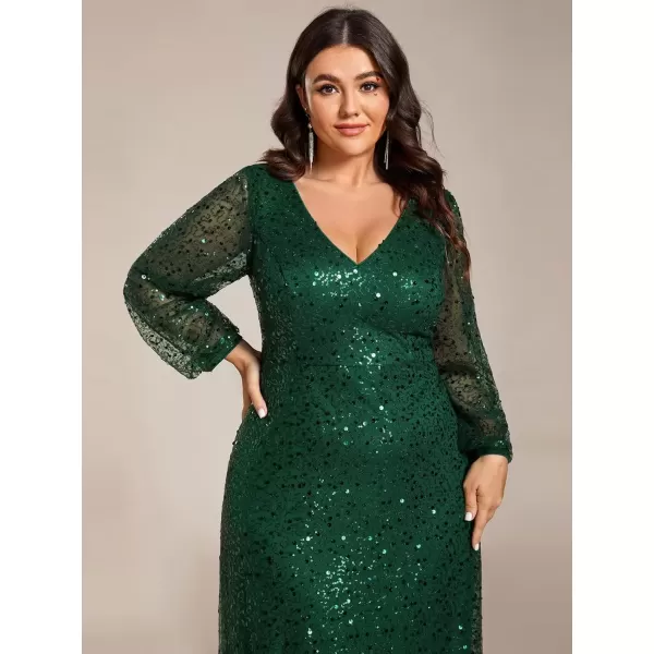 imageEverPretty Womens ALine V Neck Sheer Long Sleeves Tulle Plus Size Sequin Formal Dress 01999DADark Green