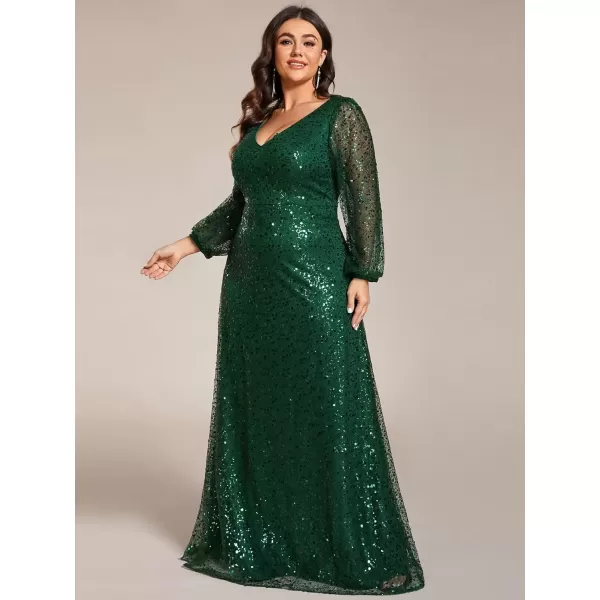 imageEverPretty Womens ALine V Neck Sheer Long Sleeves Tulle Plus Size Sequin Formal Dress 01999DADark Green