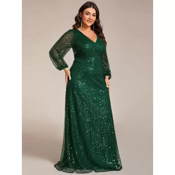 imageEverPretty Womens ALine V Neck Sheer Long Sleeves Tulle Plus Size Sequin Formal Dress 01999DADark Green