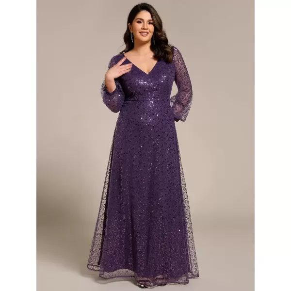 imageEverPretty Womens ALine V Neck Sheer Long Sleeves Tulle Plus Size Sequin Formal Dress 01999DADeep Purple