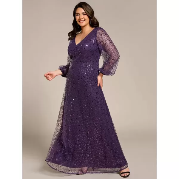 imageEverPretty Womens ALine V Neck Sheer Long Sleeves Tulle Plus Size Sequin Formal Dress 01999DADeep Purple