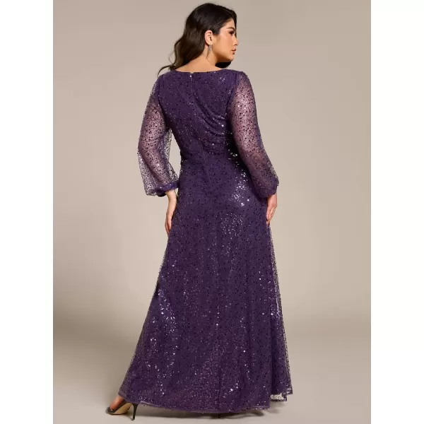 imageEverPretty Womens ALine V Neck Sheer Long Sleeves Tulle Plus Size Sequin Formal Dress 01999DADeep Purple