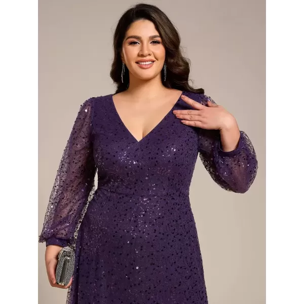 imageEverPretty Womens ALine V Neck Sheer Long Sleeves Tulle Plus Size Sequin Formal Dress 01999DADeep Purple