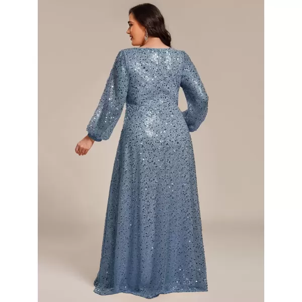 imageEverPretty Womens ALine V Neck Sheer Long Sleeves Tulle Plus Size Sequin Formal Dress 01999DADusty Blue