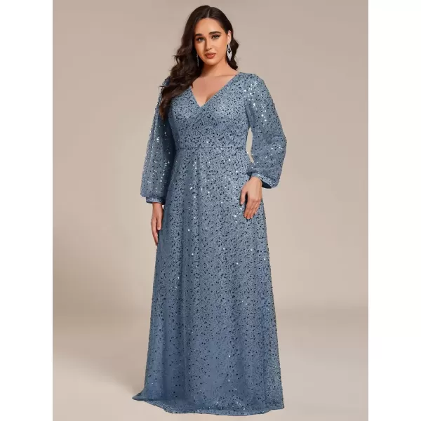 imageEverPretty Womens ALine V Neck Sheer Long Sleeves Tulle Plus Size Sequin Formal Dress 01999DADusty Blue