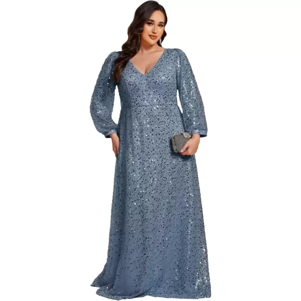 imageEverPretty Womens ALine V Neck Sheer Long Sleeves Tulle Plus Size Sequin Formal Dress 01999DADusty Blue