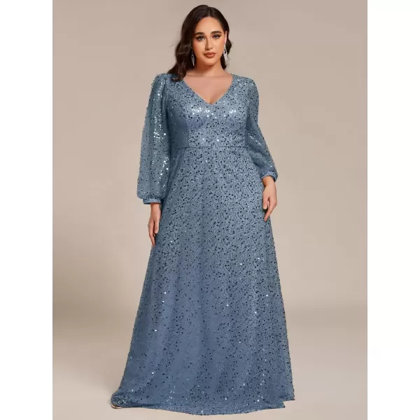 imageEverPretty Womens ALine V Neck Sheer Long Sleeves Tulle Plus Size Sequin Formal Dress 01999DADusty Blue