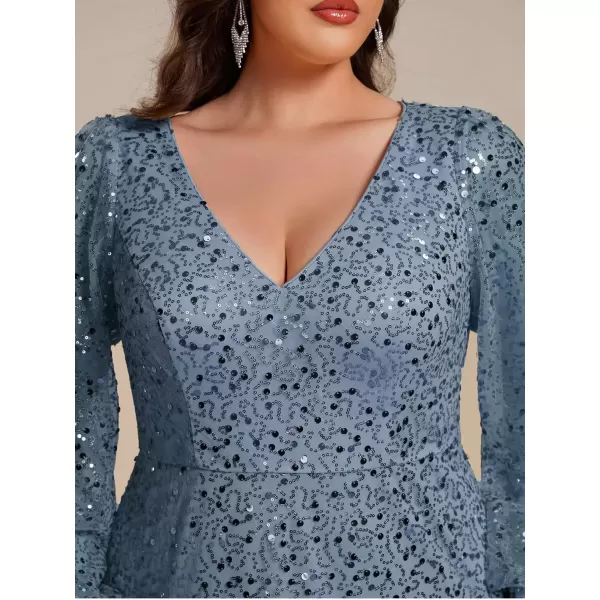 imageEverPretty Womens ALine V Neck Sheer Long Sleeves Tulle Plus Size Sequin Formal Dress 01999DADusty Blue