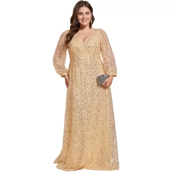 imageEverPretty Womens ALine V Neck Sheer Long Sleeves Tulle Plus Size Sequin Formal Dress 01999DAGold