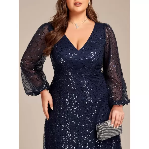 imageEverPretty Womens ALine V Neck Sheer Long Sleeves Tulle Plus Size Sequin Formal Dress 01999DANavy Blue