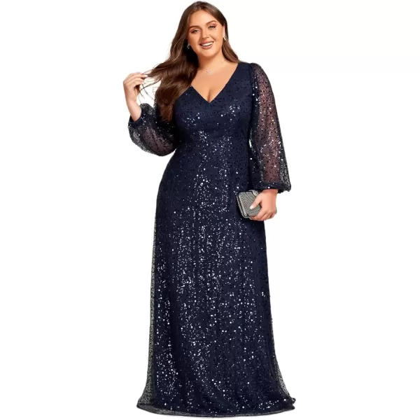 imageEverPretty Womens ALine V Neck Sheer Long Sleeves Tulle Plus Size Sequin Formal Dress 01999DANavy Blue