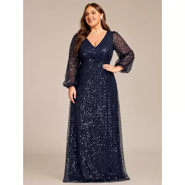 imageEverPretty Womens ALine V Neck Sheer Long Sleeves Tulle Plus Size Sequin Formal Dress 01999DANavy Blue