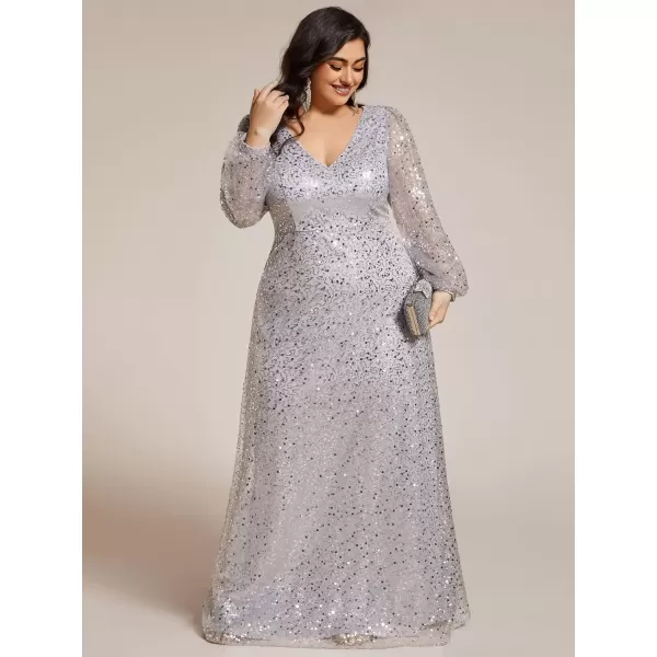 imageEverPretty Womens ALine V Neck Sheer Long Sleeves Tulle Plus Size Sequin Formal Dress 01999DASilver