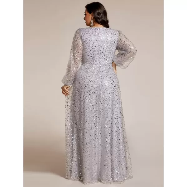 imageEverPretty Womens ALine V Neck Sheer Long Sleeves Tulle Plus Size Sequin Formal Dress 01999DASilver