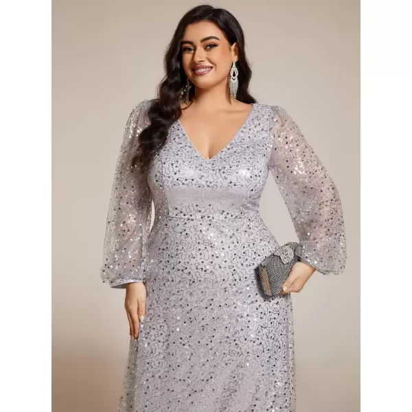 imageEverPretty Womens ALine V Neck Sheer Long Sleeves Tulle Plus Size Sequin Formal Dress 01999DASilver