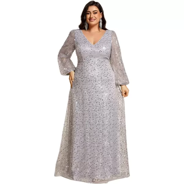 imageEverPretty Womens ALine V Neck Sheer Long Sleeves Tulle Plus Size Sequin Formal Dress 01999DASilver