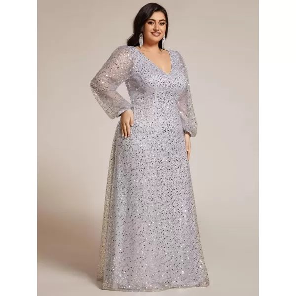 imageEverPretty Womens ALine V Neck Sheer Long Sleeves Tulle Plus Size Sequin Formal Dress 01999DASilver