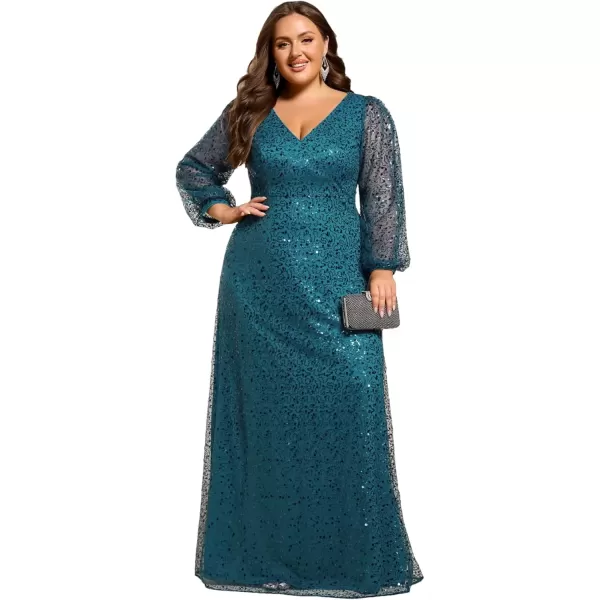 imageEverPretty Womens ALine V Neck Sheer Long Sleeves Tulle Plus Size Sequin Formal Dress 01999DATeal