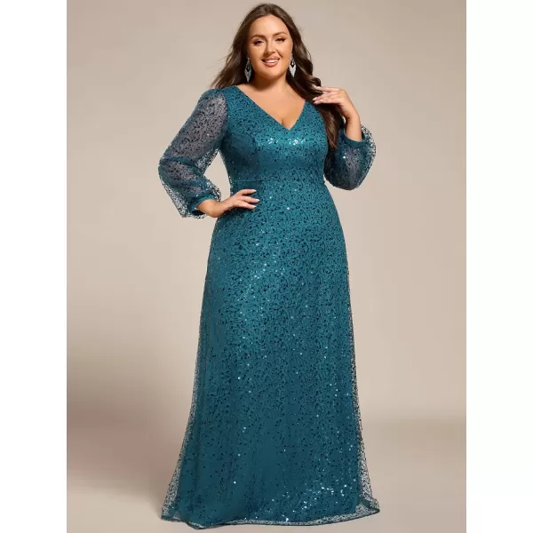 imageEverPretty Womens ALine V Neck Sheer Long Sleeves Tulle Plus Size Sequin Formal Dress 01999DATeal