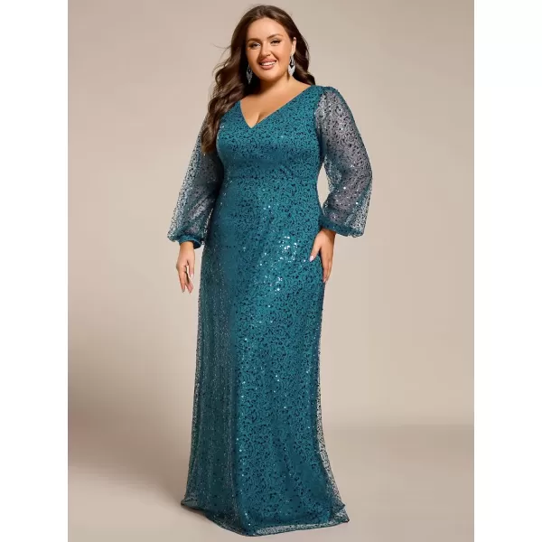 imageEverPretty Womens ALine V Neck Sheer Long Sleeves Tulle Plus Size Sequin Formal Dress 01999DATeal