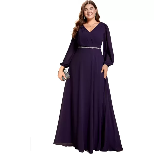 imageEverPretty Womens Beads Waist Long Sleeves V Neck Plus Size Formal Evening Dresses 01981DADark Purple