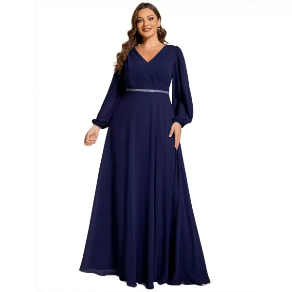 imageEverPretty Womens Beads Waist Long Sleeves V Neck Plus Size Formal Evening Dresses 01981DANavy Blue