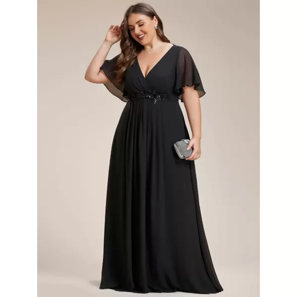 imageEverPretty Womens Chiffon V Neck Short Sleeves Appliques Plus Size Dresses for Curvy Women Formal Dresses Black1 US18