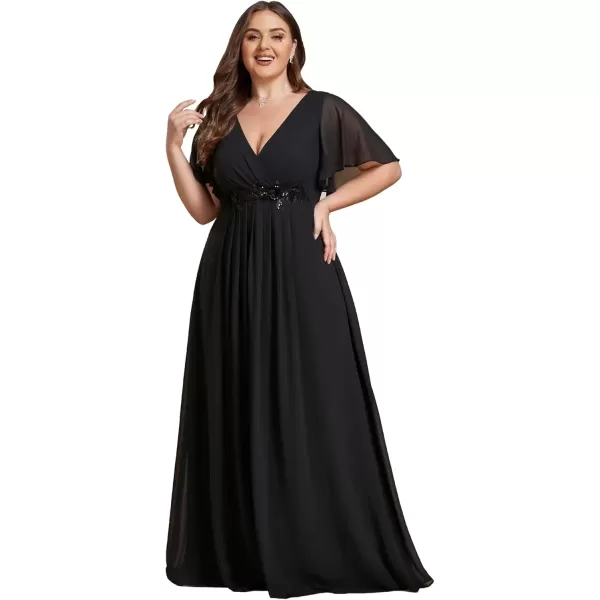 imageEverPretty Womens Chiffon V Neck Short Sleeves Appliques Plus Size Dresses for Curvy Women Formal Dresses Black1 US18