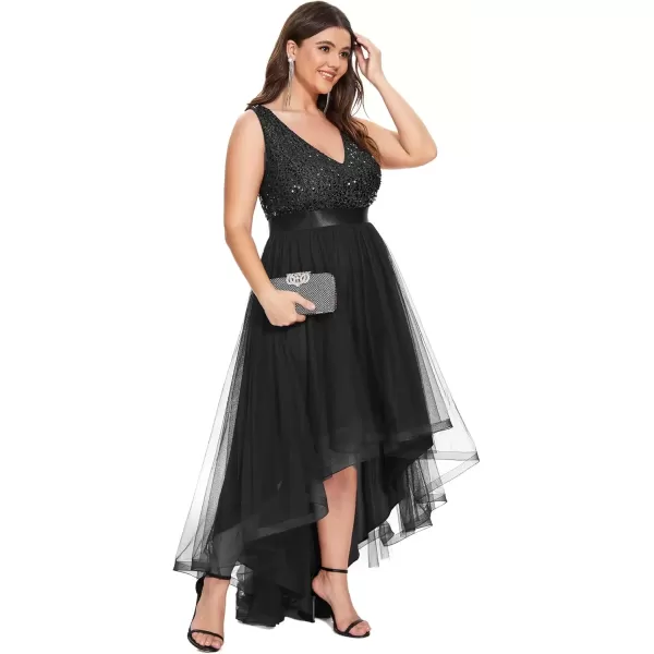 imageEverPretty Womens Double V Neck A Line High Low Sequin Tulle Plus Size Formal Dresses for Curvy Women 0147ADABlack