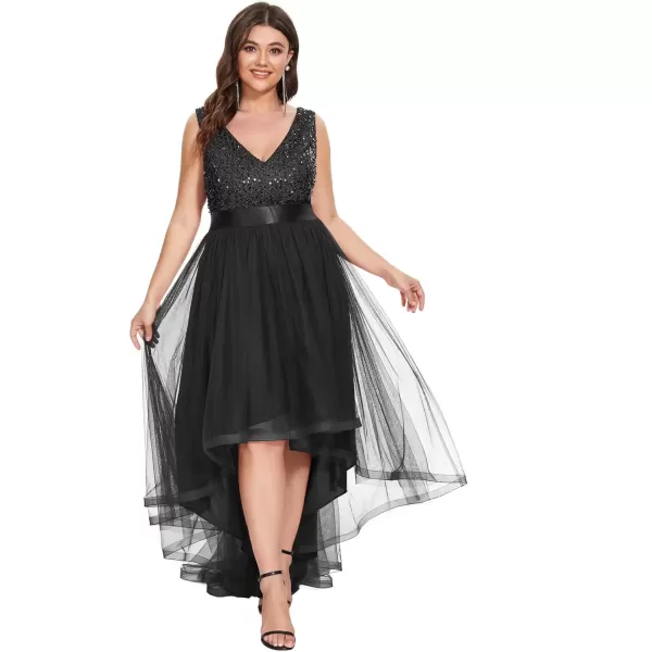 imageEverPretty Womens Double V Neck A Line High Low Sequin Tulle Plus Size Formal Dresses for Curvy Women 0147ADABlack