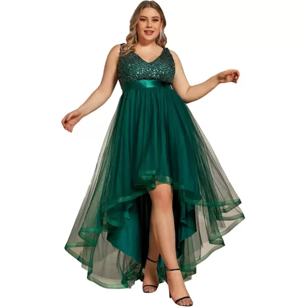 imageEverPretty Womens Double V Neck A Line High Low Sequin Tulle Plus Size Formal Dresses for Curvy Women 0147ADADark Green